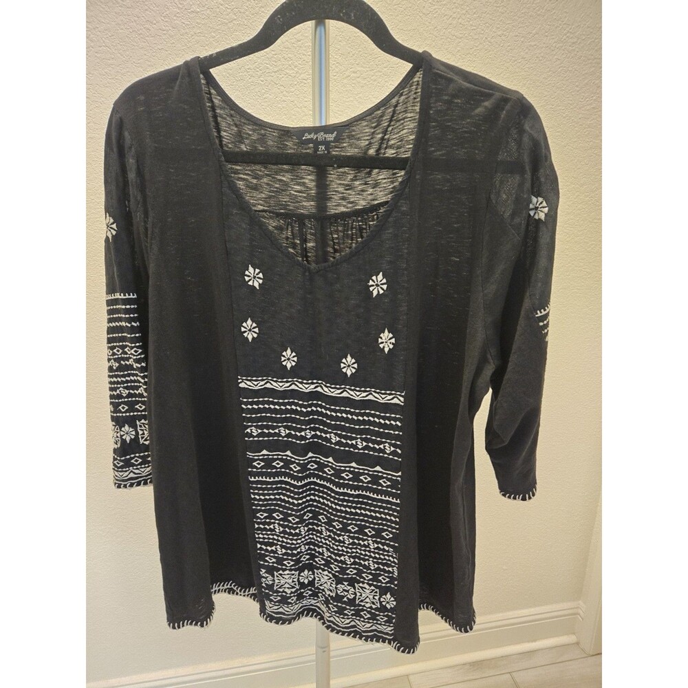 Lucky Brand 2X Embroidered Boho Peasant Blouse Womens Black Geometric Design